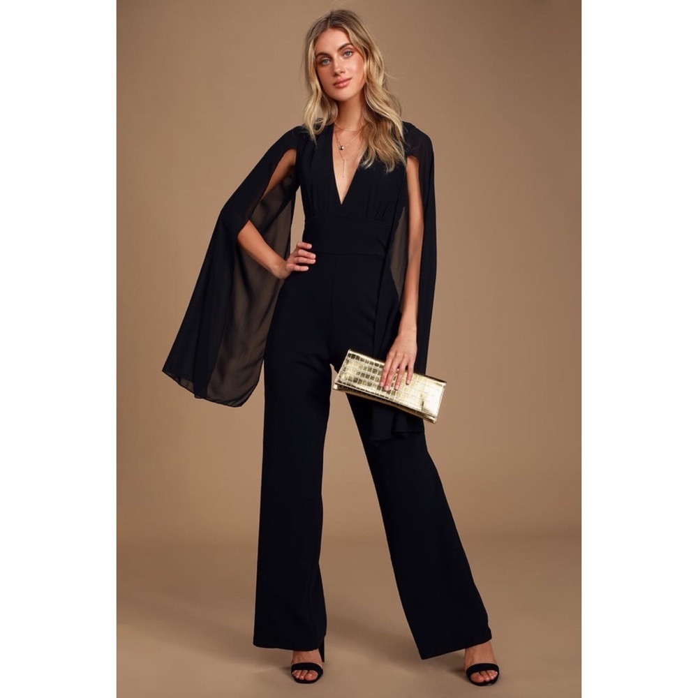 Lulu’s “Weekender” Black Backless Cape Sleeve Sexy Deep Vneck Formal Jumpsuit - Picture 5 of 11